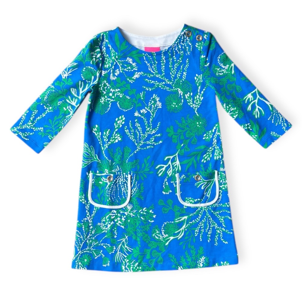 Lilly Pulitzer Kids Blue Green Coral Print Long Sleeve Dress Size S 4 5